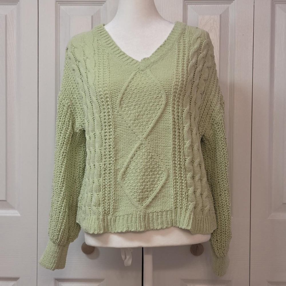 Retro Y2K Indie Cozy Pistachio Green Cable Knit Sweater; Almost Famous, Size S